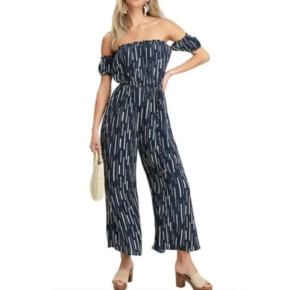 Lulus Navy Stripe Off Shoulder Cropped‎ Jumpsuit Belted Wide Leg Size Medium